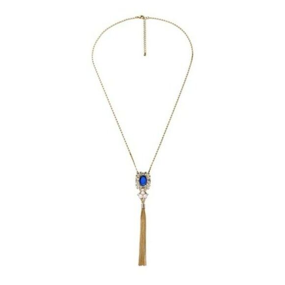 Blue Rhinestone Crystal Floral Fringe Vintage Gold Lariat Pendant Necklace - Picture 1 of 8